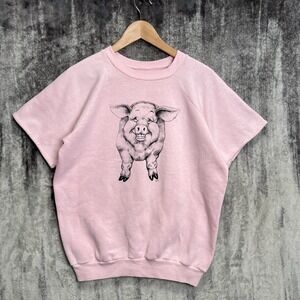 Vintage Pannill Pink Women's Pig Sweatshirt Size M Made In USA Front Back